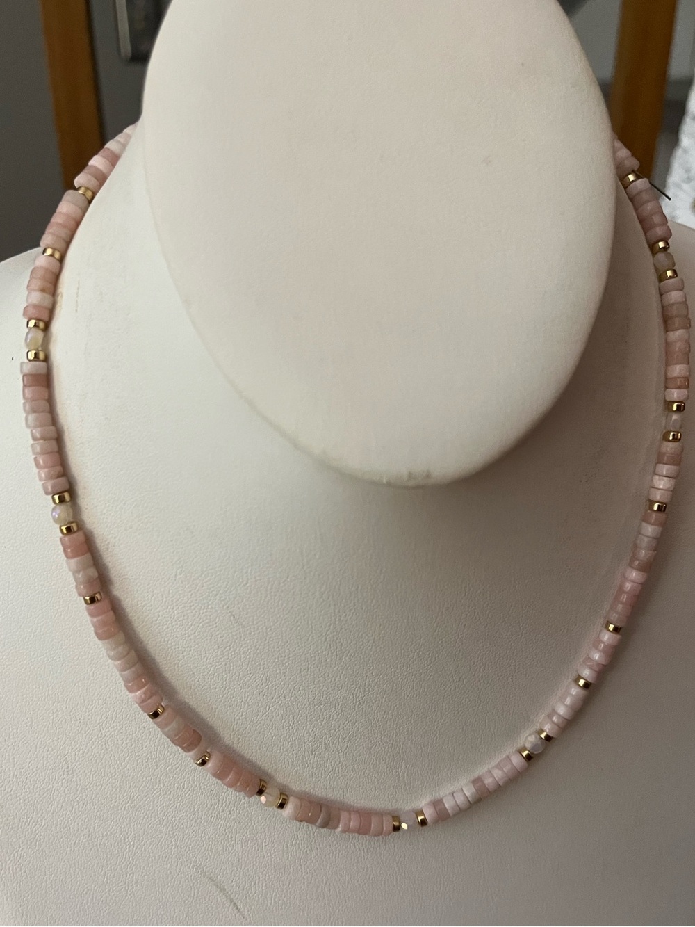 Delicate Pink Opal Beaded Necklace with Gold hematite Accents - Women Jewelry
